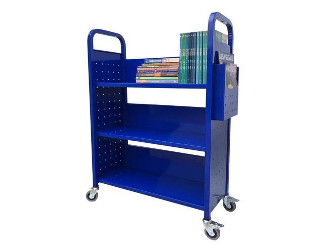 Rolling Book Truck Book Cart with 3 Flat Shelves, Library Book Cart with Swivel Lockable Casters 3001 Blue