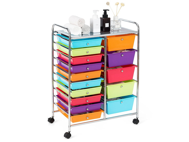 15-Drawer Storage Cart, Mobile Rolling Utility Cart w/Wheels, Multipurpose Organizer Cart for Tools, Scrapbook, Paper, Ideal for Home Office School...