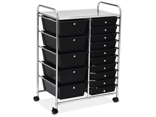 15-Drawer Storage Cart, Mobile Rolling Utility Cart w/Wheels, Multipurpose Organizer Cart for Tools, Scrapbook, Paper, Ideal for Home Office School...