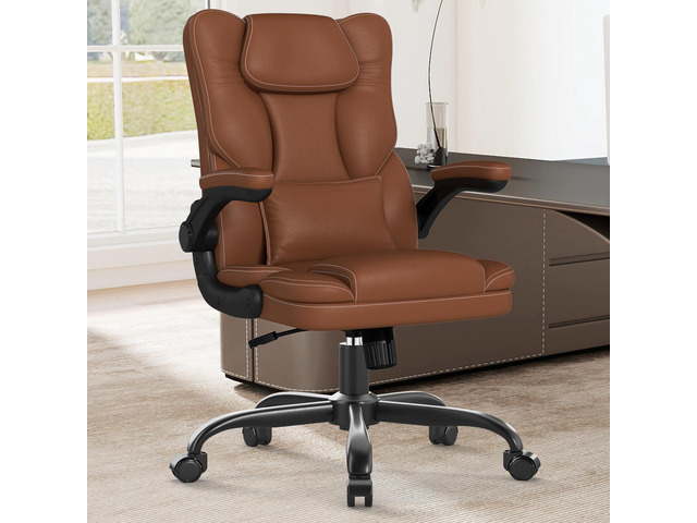 Ergonomic Office Chair with Flip-Up Armrests, Mid Back Executive PU Leather Desk Chair, Height Adjustable with Lumbar Support, Rocking & Swivel...