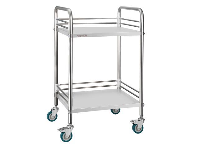 Stainless Steel Rolling Cart, 2-Tier Metal Utility Cart with Lockable Wheels, Medical Serving Trolley Clinic Tray, Mobile Service Cart for.