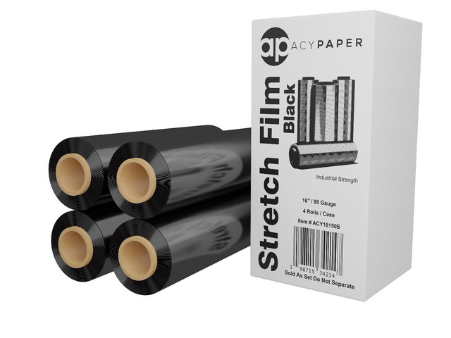 18' Black Stretch Wrap - 1500 Feet, 4 Rolls/Box, 80 Gauge Durable Industrial Pallet Wrap for Moving, Packing, and Storage by