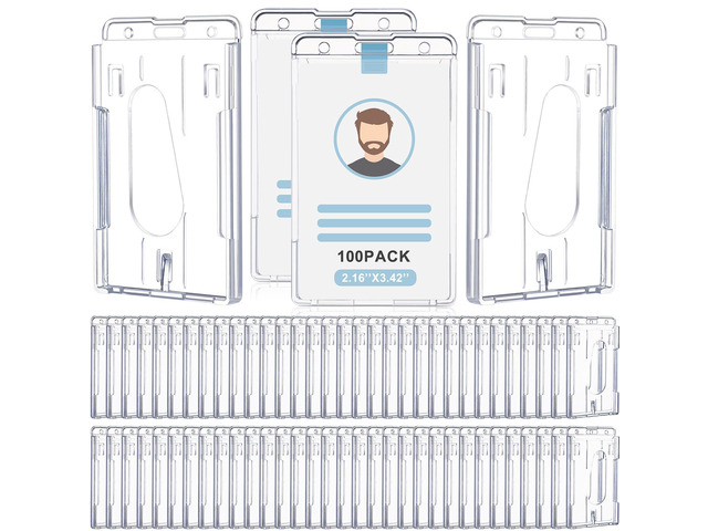 100 Pcs Hard Plastic Badge Holder with Thumb Slot Dual Sided Clear Card Holder Badge Protector Vertical ID Holders for Badge Office School Driver's...