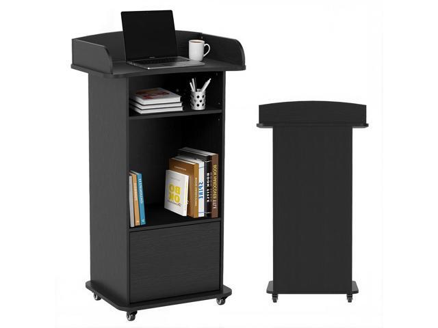 Podium Stand Portable with Wheels, Classroom Lectern for Teacher with Adjustable Storage Shelf, Mobile Rolling Church Pulpits, Office Wooden.