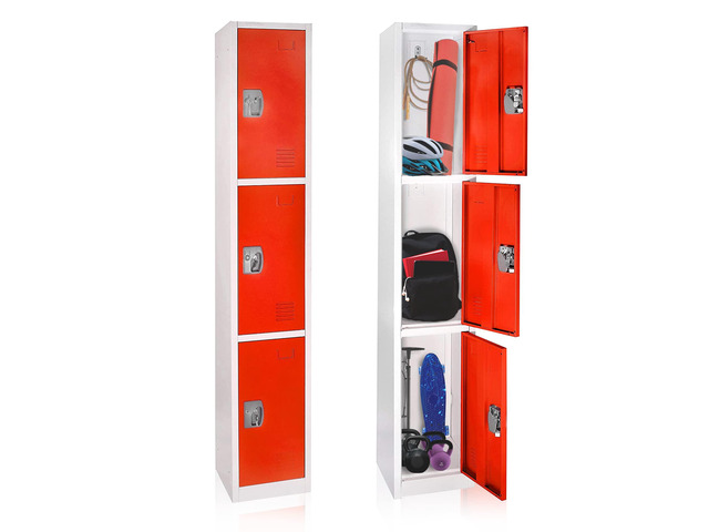 Large School Locker with 3 Doors 3 Hooks Storage Locker - Metal Storage Locker Cabinet Ideal for School, Garage, Office Lockers - (3 Door, Red)