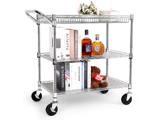 Chrome Utility Rolling Cart,990Lbs 3 Tier Heavy Duty Metal Cart with Wheels & Handle NSF Wheeled Cart 31' D x 18' W x 33' H for Bedroom, Bathroom,...