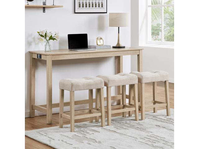 4 Piece Dining Table and Chairs Set with Charging Station, Farmhouse Wooden Kitchen Island-Table w/USB & Typc C & Power Outlet, 59' Behind Sofa-Table.