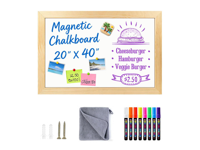 Magnetic Chalkboard for Wall, 20 x 40 Inch Solid Wood Framed Brown Magnetic Board, Wall Mounted Chalk Board for Kitchen, Restaurant, Food Truck and...