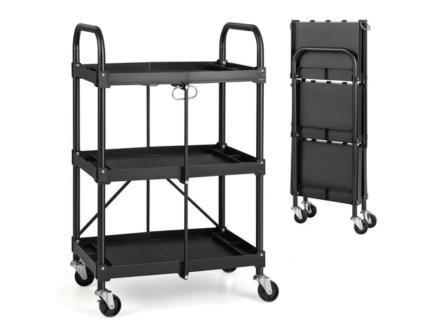 Nightcore Folding Utility Cart, 3-Tier Food Service Cart w/Lockable Wheels, 330LBS Capacity, Heavy-Duty Metal Frame Collapsible Utility Cart,...