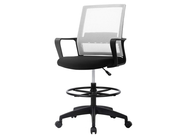 Drafting Chair Tall Office Chair Mesh Ergonomic Mid-Back Desk Chair with Adjustable Foot Ring for Executive Computer Standing Desk (White)
