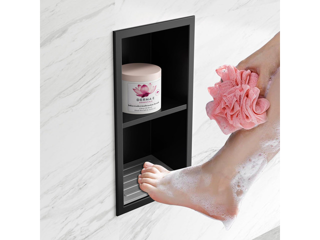 Shower Foot Rest for Shaving Legs, Matte Black, 5.9' X 12.3' 304 Stainless Steel Footrest Niche w/ Shaving Holder, Recessed Shower Step,...