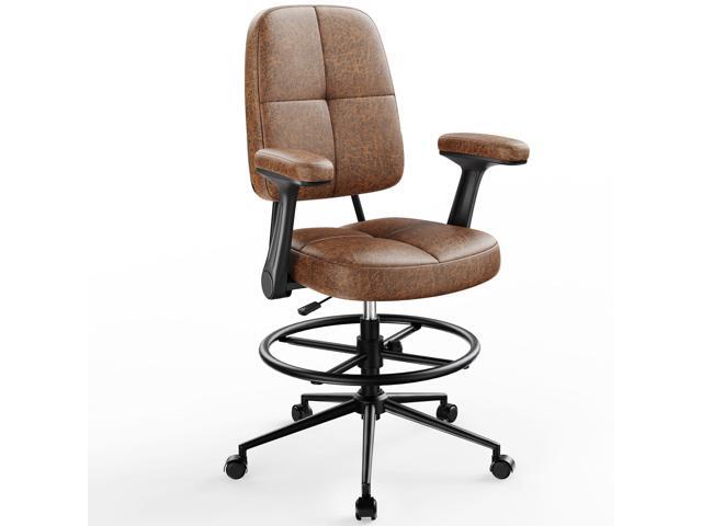 Ergonomic Drafting Chair for Standing Desk, 330lbs Heavy Duty Tall Office Chair with Adjustable Foot Ring & Flip-Up Arms, Comfort Brown Leather,...