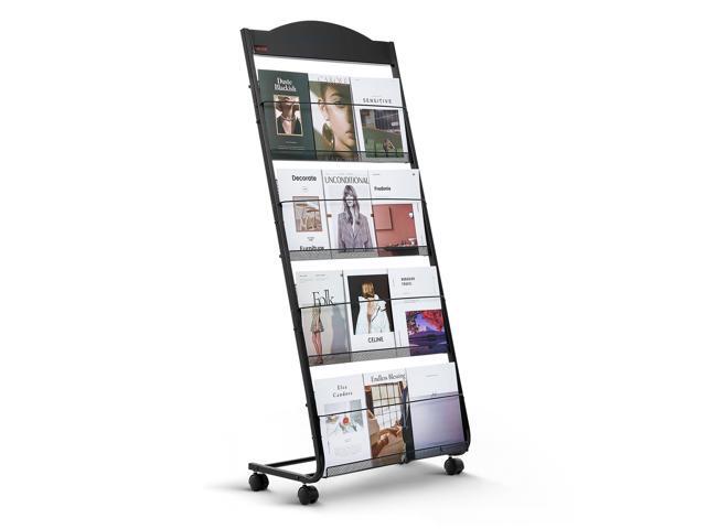 Brochure Display Rack, 4-Tier Magazine Literature Display Stand with Wheels, Movable Floor Standing Magazine Rack, Heavy Duty Newspaper Catalog...