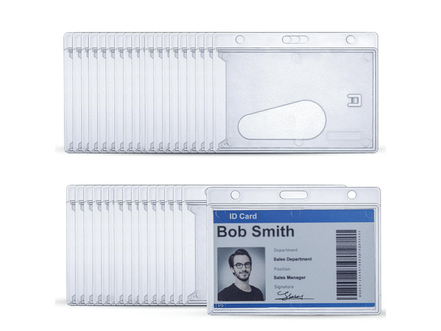 50 Pack Frosted Clear Horizontal Hard Plastic ID Card Holders Rigid Plastic Card Holder & Badge Holder with Thumb Notch, Slot & Chain Holes Clear...