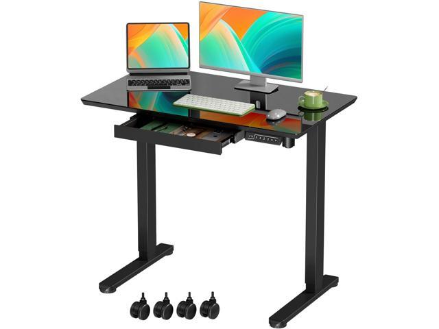 35 Electric Black Glass Standing Desk with Drawer & Wheels Small Mobile Whole Piece Height Adjustable Cart with 4 Lockable Casters, Compact.