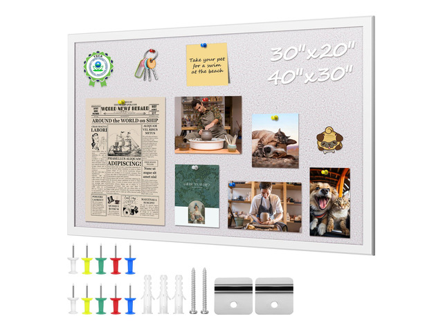 30x40 White Cork Board, Wooden Frame, Hanging Pin for Office 30x40 inch white cork board, wooden frame, cork surface resists pinholes, easy wall...