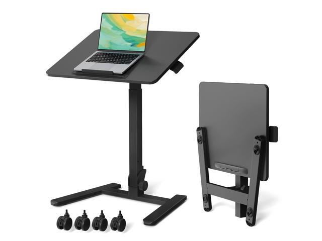 90° Folding Standing Desk, Portable Laptop Cart with Wheels 25inch Mobile Rising Desk with Hidden/Lockable Wheels, Height Adjustable Tilt.