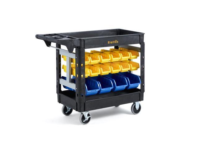 2-Tier Heavy Duty Utility Cart with 32 Storage Bins, 40.7 x 17 in 550 lbs Capacity, Deep Tub Shelves, Rolling Service Cart, Locking Wheels, Tool.