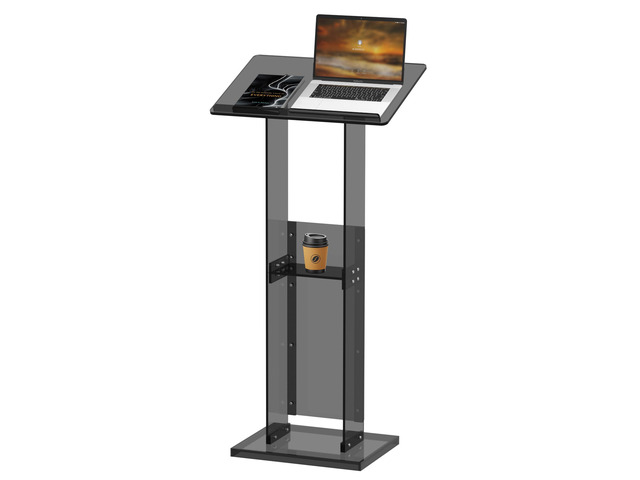 Acrylic Podium Stand with Storage Shelf, 45.5' Modern Black Lectern with Reading Platform for Classroom, Weddings, Conference, Concert,...
