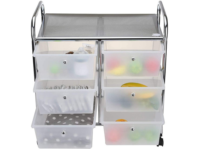Rolling Cart with Drawers, Utility Cart, Craft Storage, Kitchen, Metal, 24.25'L x 15.25'W x26.25'H, White, Silver