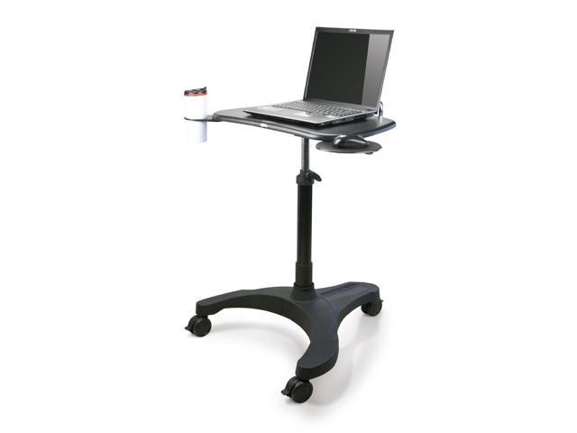 Mobile Laptop Desk Cart with Wheels, Height Adjustable Standing Desk with Pneumatic Lift, Rolling Workstation with Mouse Tray and Cup Holder,.