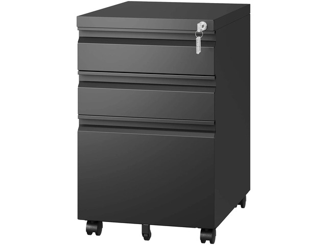 3-Drawer Mobile File Cabinet with Lock - Under Desk Rolling Metal Filing Cabinet, Letter/Legal/A4, Fully Assembled, Home Office Organizer, Black