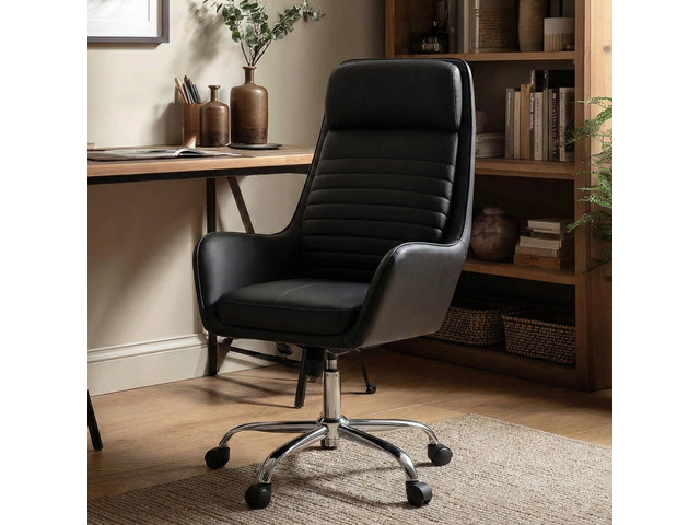 Ellis High-Back Home Office Desk Chair, Leather Executive Chair with Integrated Armrests, Black