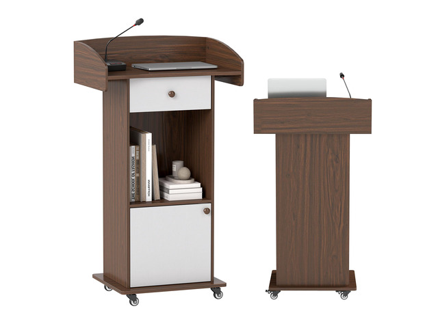 Portable Podium Stand with Lockable Wheels for Classroom(Brown White) Wooden Pulpit for Church with Enclosed Cabinet, Mobile Teacher Lectern with...