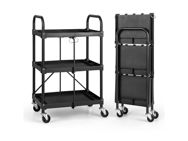 Folding Utility Cart on Wheels, 250lbs 3-Tier Rolling Tool Cart w/Lockable Casters & Compartments, Fast Fold up Collapsible Metal Service Cart for...