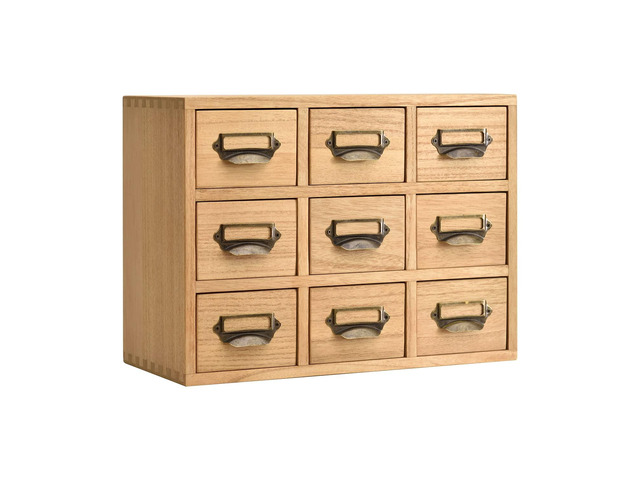 Wooden Desk Organizer with 9 Drawers, Storage Cabinet, Natural Solid Wood Desktop Organizer with Metal Label Handles for Office Supplies, Crafts,...