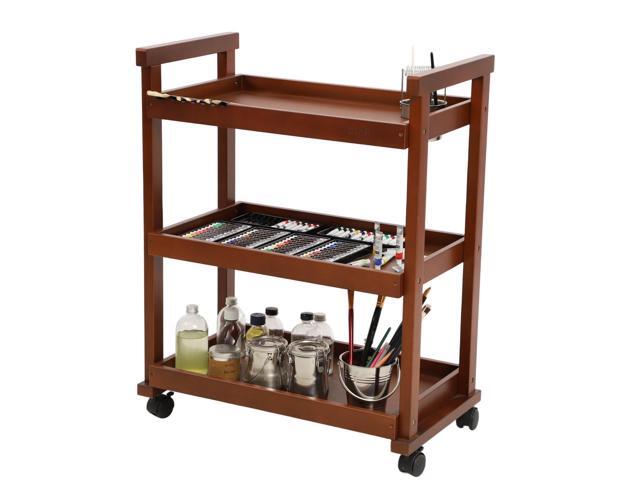 3-Tier Rolling Art Supplies Cart for Artists, Caster Wheels, Walnut Sturdy Solid Beech Wooden Mobile Utility Cart for Adults, Art Supply.