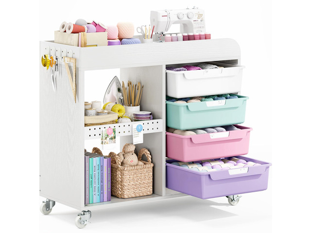 Craft Organizers and Art Supply Storage, Art Cart, Rolling Cart with 4 Drawers & Metal Pegboard, 5 Hooks, Cute Macaron Color Magnets for Craft...
