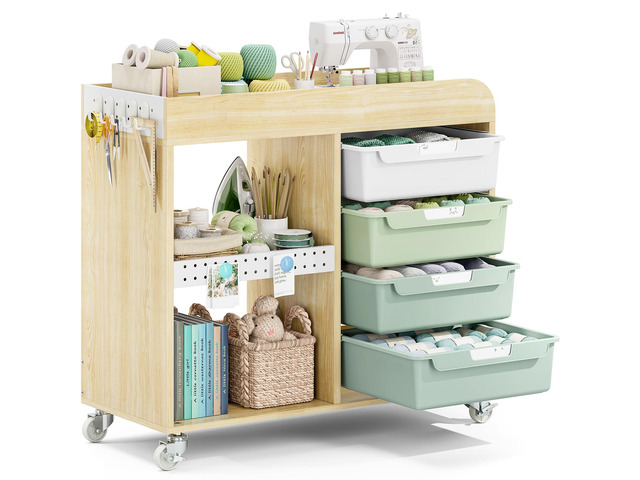 Craft Organizers and Art Supply Storage, Art Cart, Mint Green Rolling Cart with 4 Drawers & Metal Pegboard, 5 Hooks, Cute Macaron Color Magnets for...