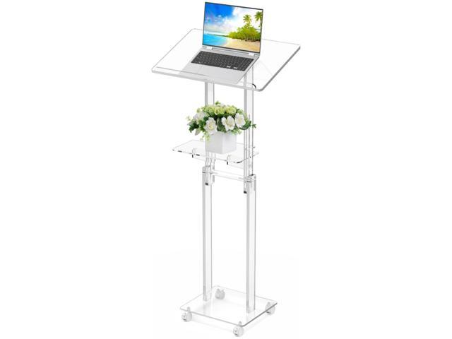 Acrylic Podium Stand Portable, Rolling Podium with Wheels, Clear Podium with Storage Shelf, Lockable Wheels for Churches, Classroom, Weddings,...