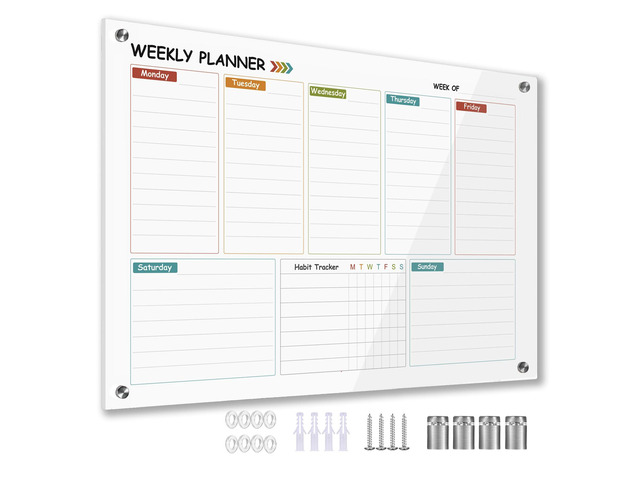 Glass Colorful Weekly Dry Erase Calendar Whiteboard for Wall,24'x 36',Frameless Mounting,Office/School/Home, Frameless Large Planner White Board