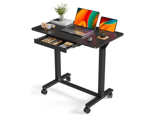 Mobile Standing Desk with Drawer, Height Adjustable, 35' Black Small Rolling Desk & Table, Pneumatic Computer Sit Stand Workstation, Portable.