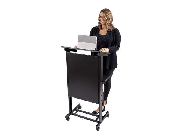 Stand Up Desk Store Mobile Adjustable Height Rolling Lectern Podium with Heavy Duty Steel Frame (Black Frame/Black Shelves, 25.5' Wide)