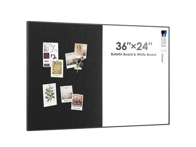 Cork Board White Board Combo, 36'X24' Linen Bulletin Board Whiteboard for Wall, Magnetic Dry Erase Corkboard for Home, Office, School, Black