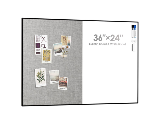 Cork Board White Board Combo, 36'X24' Linen Bulletin Board Whiteboard for Wall, Magnetic Dry Erase Corkboard for Home, Office, School, Grey