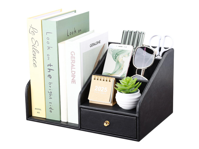 PU Leather Desk Organizer, File Organizer with Drawer and 4 Compartments, Desktop Organization with Magazine file Holder for Office Supplies,...