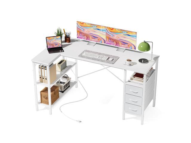 L Shaped Desk with Drawers, Gaming Desk, 55 Inch Power Outlet, Study Table, Adjustable Shelves, Home Office, Corner Computer Workstation,...