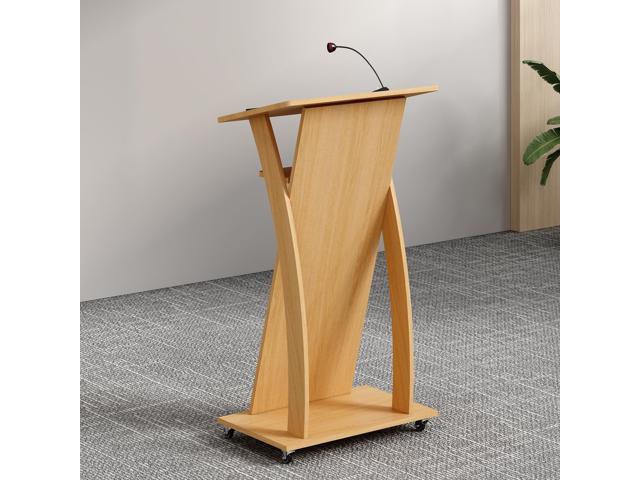 Mobile Wooden Podium Stand with Wheels Lectern Oak Color 16MM Wood Board Elegant Design Wooden Pulpit for Churches Seminars and Schools