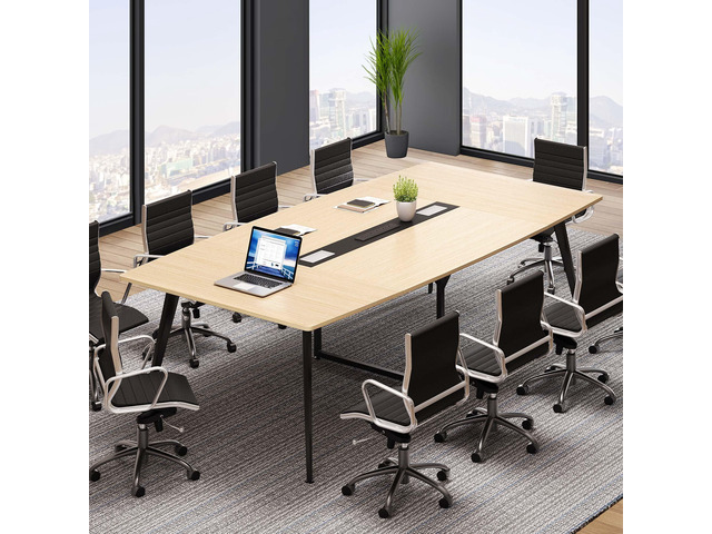 8FT Conference Table with Power Outlets Built-in Power Outlets, Cable Grommet, Boat Shaped Top, for Office Conference Room Boardroom, Easy Assembly