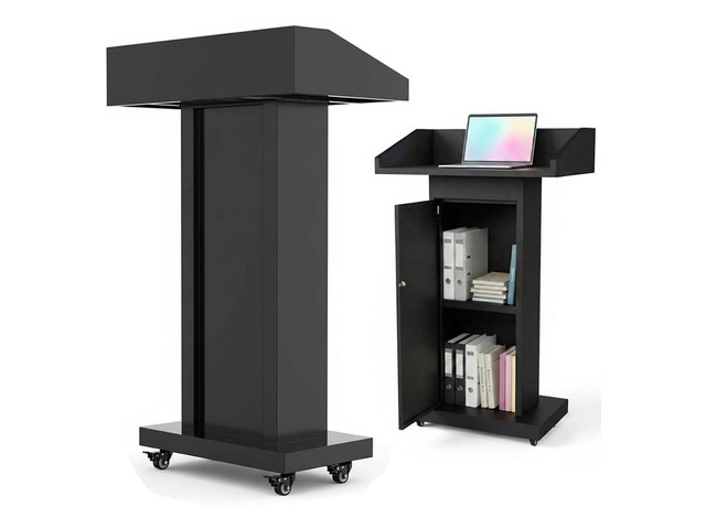 Podium Stand with 4 Locking Wheels, Heavy-Duty Metal Lectern with Large Lockable Storage Cabinet, Flat Desktop for Church, School, Office, and...