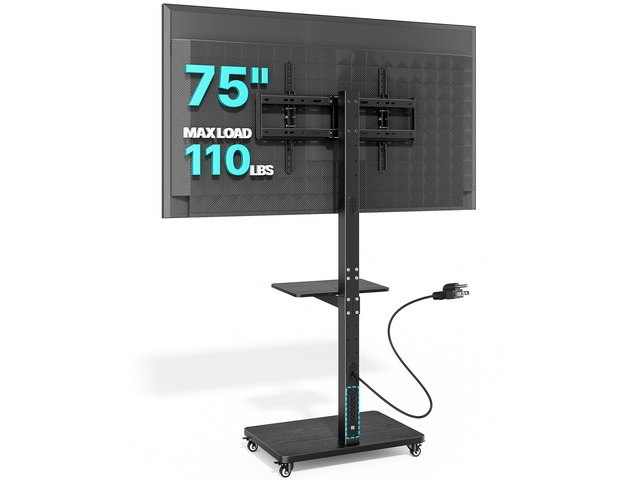 Rolling TV Stand with Power Outlet for 32-75 Inch TVs up to 110 lbs Mobile TV Stand on Metal Wheels, Tilt & Swivel Portable TV Cart with Mount,...