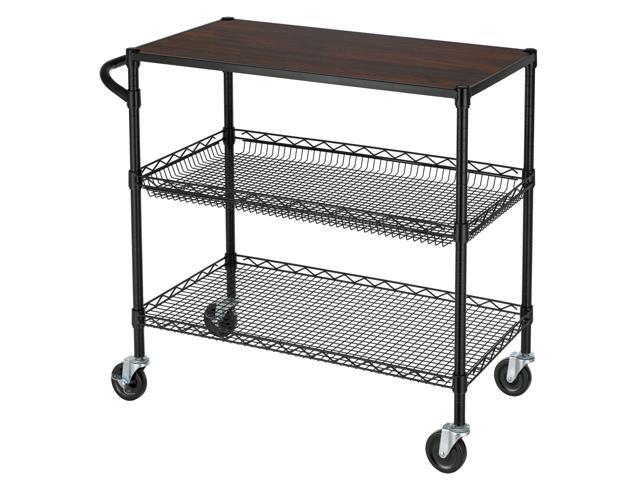 3 Tier Heavy Duty Commercial Grade Utility Cart with Wood Top, Wire Rolling Cart with Wheels and Handle Bar, Kitchen Carts on Wheels, 18x36x35.4 H...