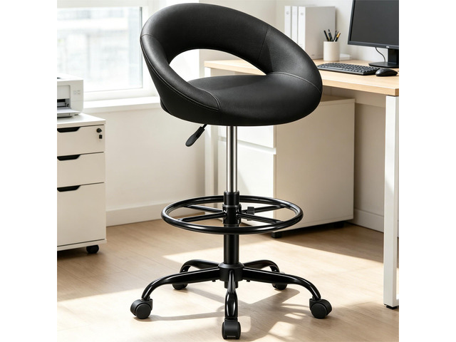 Ergonomic Drafting Chair for Standing Desk, PU Leather Black Height Adjustable Tall Rolling Stool with Foot Rest & Back Support, 360° Swivel...