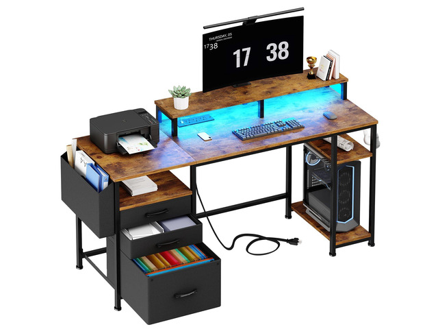 Gaming Desks with Led Lights and Power Outlets, 55 Inch Study Writing Computer Desk with Fabric File Drawers Cabinet for Bedroom, Home Office Desk...