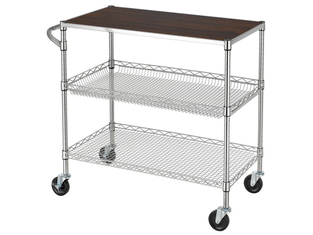 3 Tier Heavy Duty Commercial Grade Utility Cart with Wood Top, Wire Rolling Cart with Wheels and Handle Bar, Kitchen Carts on Wheels, 18x36x35.4 H...