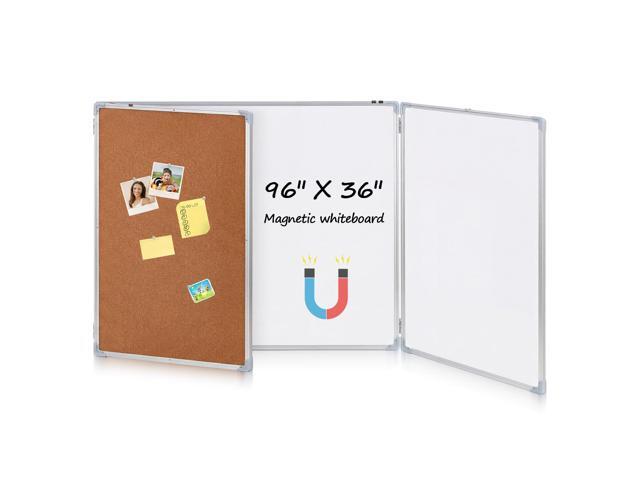96'x36' Tri-fold Cork Board Whiteboard Combo, Foldable Combination Magnetic Dry Erase Bulletin Board & Corkboard with Aluminum Frame Wall Mounted.